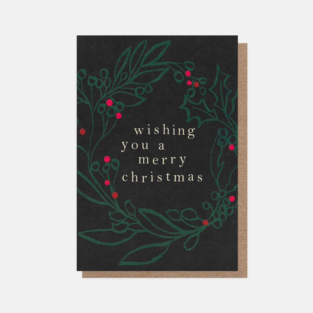 PQX218-Caroline G-Outline Wreath Red Berries On Charcoal Merry Christmas-Xmas Card Pack-