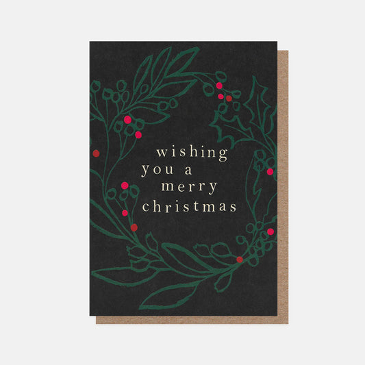 PQX218-Caroline G-Outline Wreath Red Berries On Charcoal Merry Christmas-Xmas Card Pack-