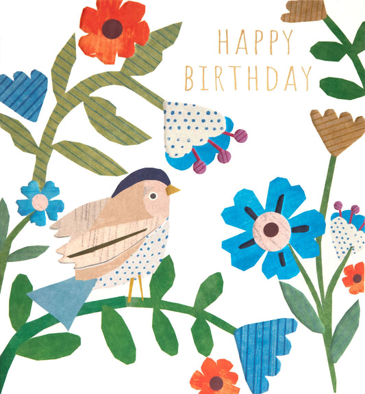 PRC002-Caroline G-Happy Birthday Collage Blue Bird On Branch-Card-