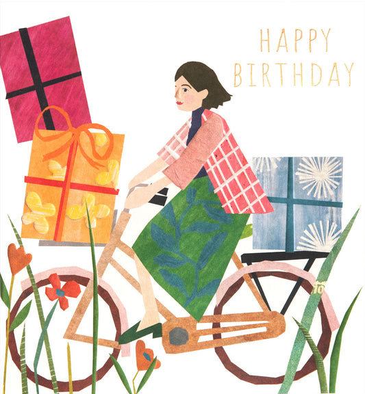 PRC003-Caroline G-Happy Birthday Collage Lady On Bike With Presents-Card-