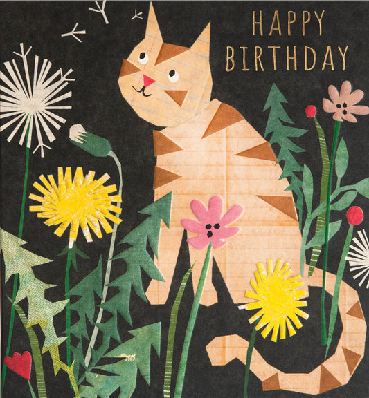 PRC005-Caroline G-Happy Birthday Collage Ginger Cat & Dandelions-Card-