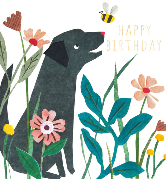 PRC006-Caroline G-Happy Birthday Collage Black Dog With Bee In Flowers-Card-