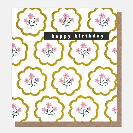 PRE007-Caroline G-Happy Birthday Scallop Frame Flowers Print-Card-Prairie