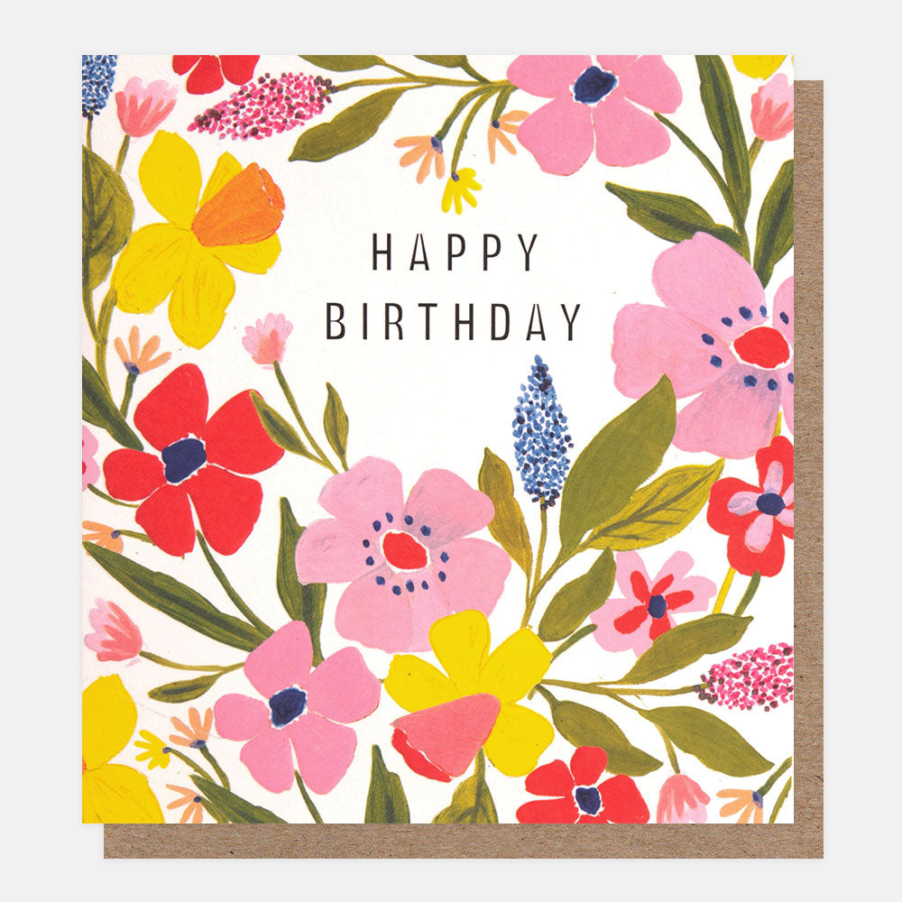 PSI002-Caroline G-Happy Birthday Pink/Yellow Floral Frame-Card-Posie