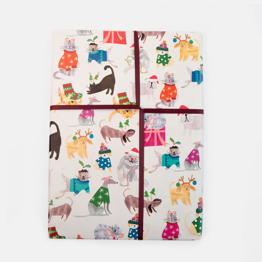RWX027-Caroline G-Cats & Dogs Festive Fun 5M Roll Wrap-Xmas Roll Wrap-