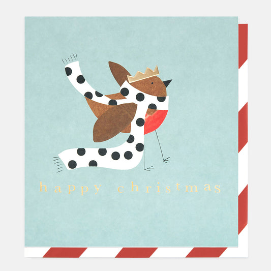 SGX021-Caroline G-Robin In Crown And Scarf On Blue Happy Christmas -Xmas Card-