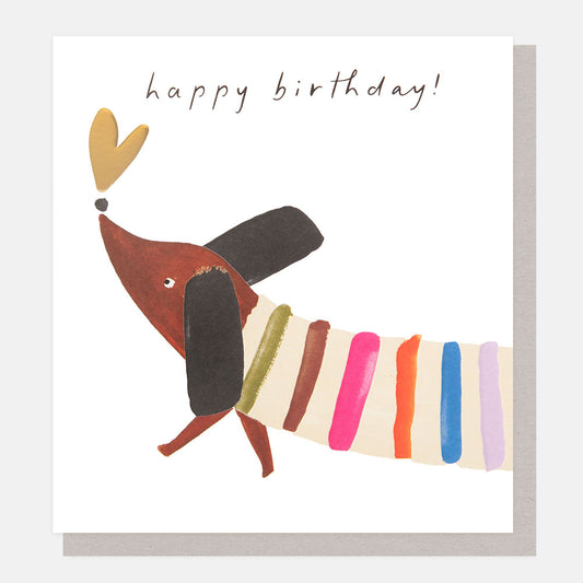 SHW002-Caroline G-Happy Birthday! Sausage Dog With Striped Jumper-Card-Showtime