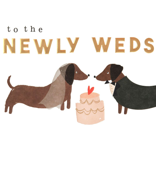 WED009-Caroline G-To The Newlyweds Bride & Groom Sausage Dogs With Cake-Card-