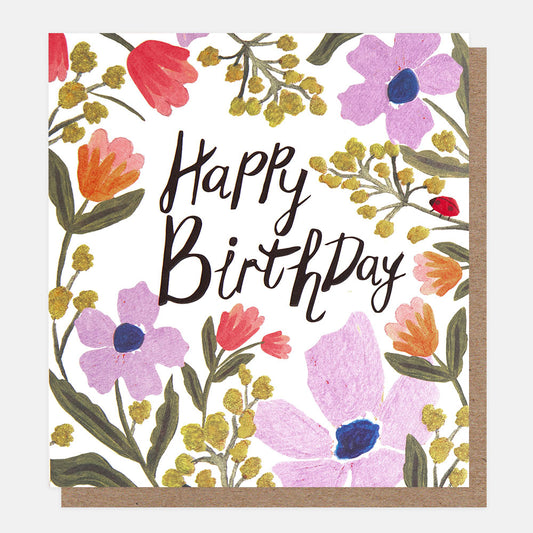 WFE012-Caroline G-Happy Birthday Lilac Pink And Green Floral With Ladybird-Card-Wild Life