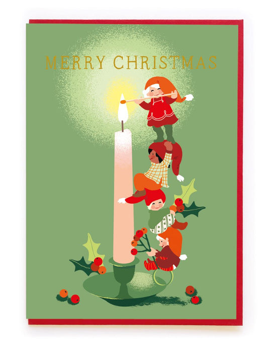 BP072-Noi-Christmas Elves And Candle-Xmas Card-