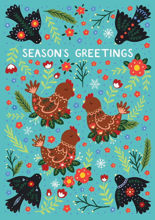 12D003-Pear Tree Press-French Hens & Birds-Xmas Card-12 Days Collection