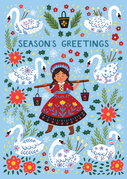 12D005-Pear Tree Press-Swans & Maids-Xmas Card-12 Days Collection