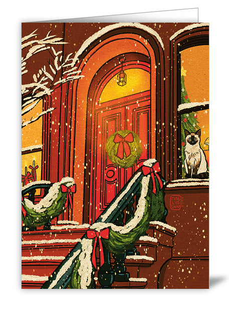 2462-Quire-Decorated Stoop With Siam Cat-Xmas Card-Sunday Mood