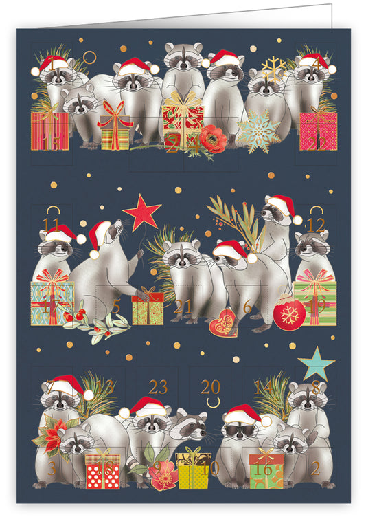 6395-Quire-Racoons With Santa Hats And Presents-Xmas Card-Advent Calendar Cards