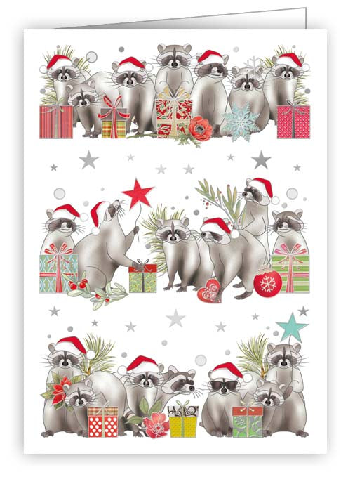 7051-Quire-Racoons With Santa Hats And Presents-Xmas Mini Card-Mini Cards