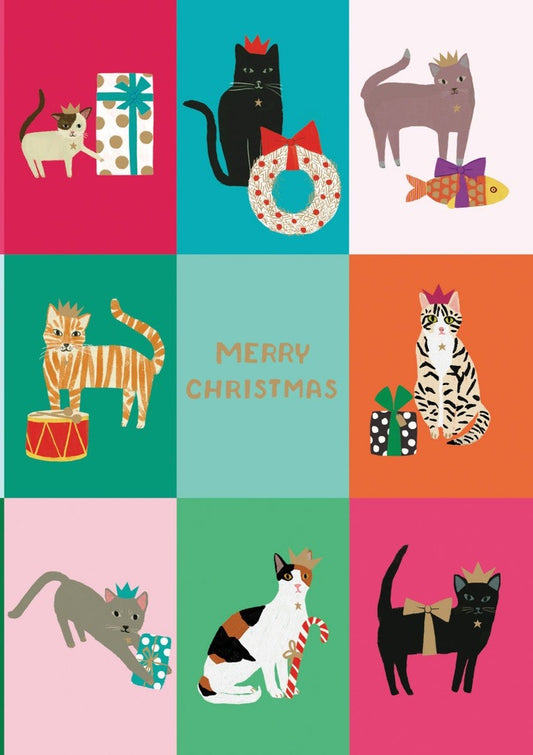 GCX1084-Roger La B-Festive Cat Checkerboard-Xmas Card-Cosy Cats
