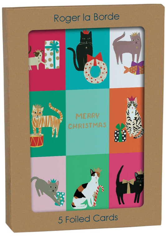 GCX1084P-Roger La B-Festive Cat Checkerboard-Xmas Card Pack-Cosy Cats