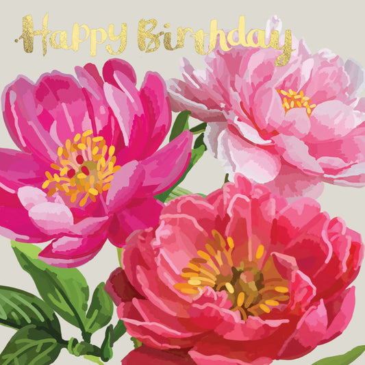 PN001-Sarah Kelleher-Happy Birthday 3 Pink Peonies-Card-Peonies