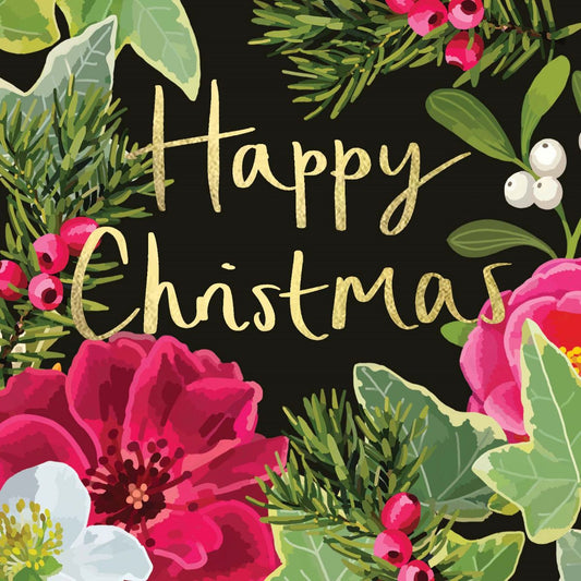 TC001-Sarah Kelleher-Happy Christmas Black Floral-Xmas Card-