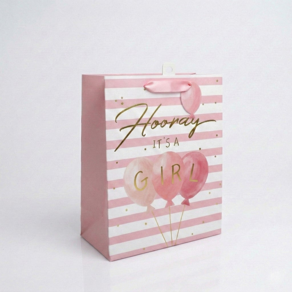 BM7331-Scarpa-Hooray It'S A Girl Pink Stripe Medium Gift Bag 330X140X265Mm-Gift Bag-
