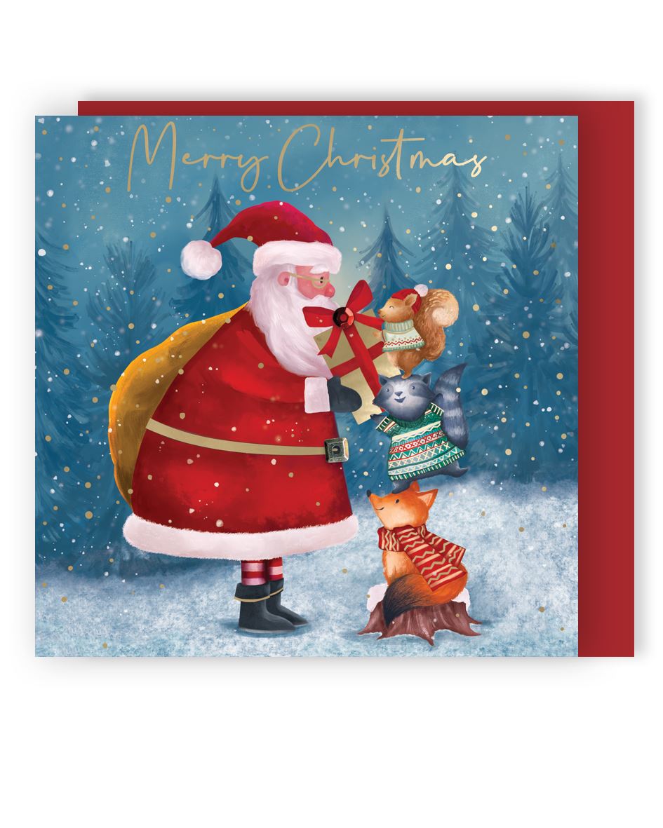XLSB101-Second Nature-Santa & Animals 6Pk-Xmas Card Pack-Sparkle