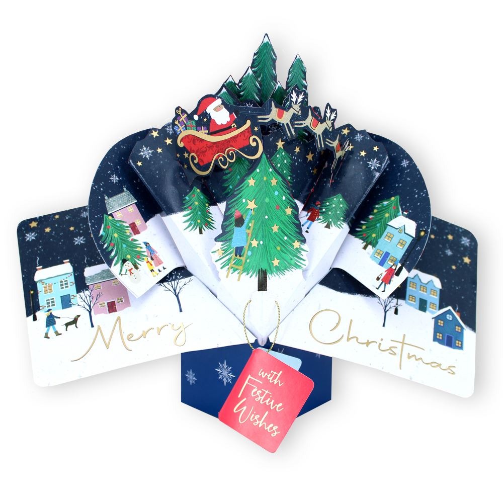 XPOP075-Second Nature-Santa Flying Over Village-Xmas Card-Pop Ups