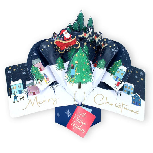 XPOP075-Second Nature-Santa Flying Over Village-Xmas Card-Pop Ups