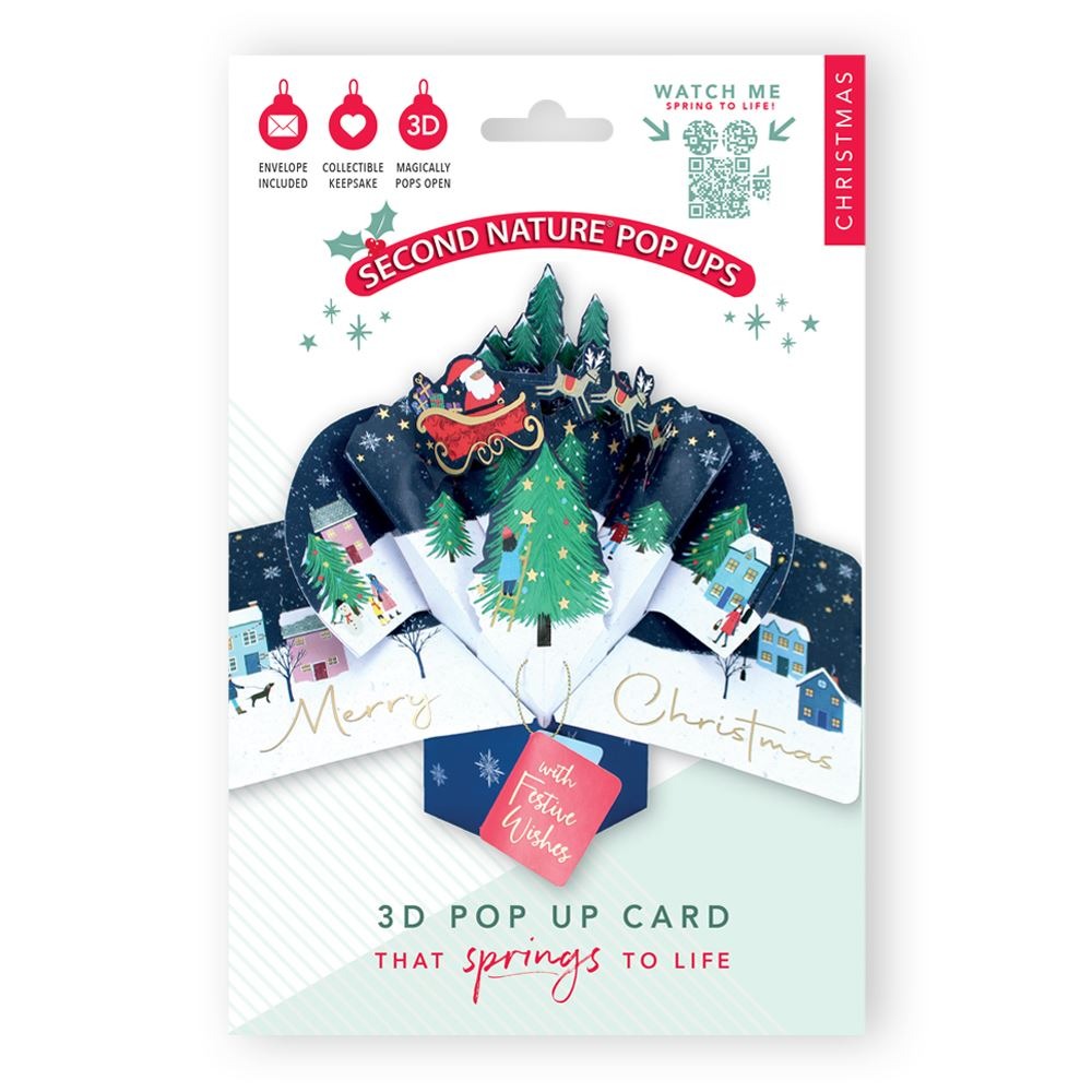 XPOP075-Second Nature-Santa Flying Over Village-Xmas Card-Pop Ups