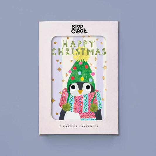 ICB049-Stop The Clock-Happy Christmas Penguin-Xmas Card Pack-It'S Christmas - 8 Packs