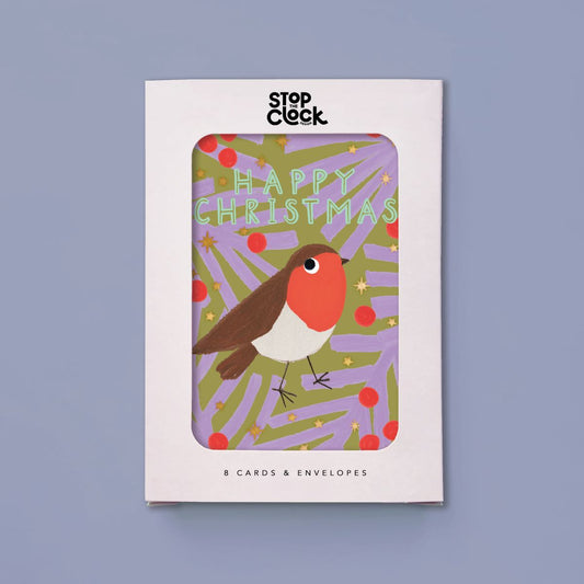 ICB052-Stop The Clock-Happy Christmas Robin-Xmas Card Pack-It'S Christmas - 8 Packs