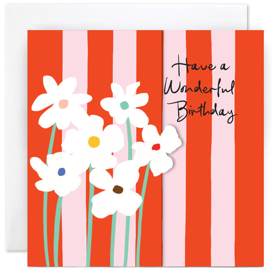 CL2518-Susan O'Hanlon-White Flowers On Orange & Pink -Card-Stripes