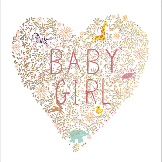 622489-Woodmansterne-P Cardsngl Peach Newbgirl Baby Girl Anim-Card-Peach & Proseco