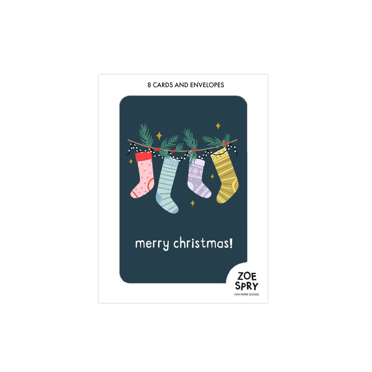 ZSMP008-Zoe Spry-Merry Christmas Stocking-Xmas Card Pack-8 Pack