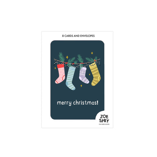 ZSMP008-Zoe Spry-Merry Christmas Stocking-Xmas Card Pack-8 Pack