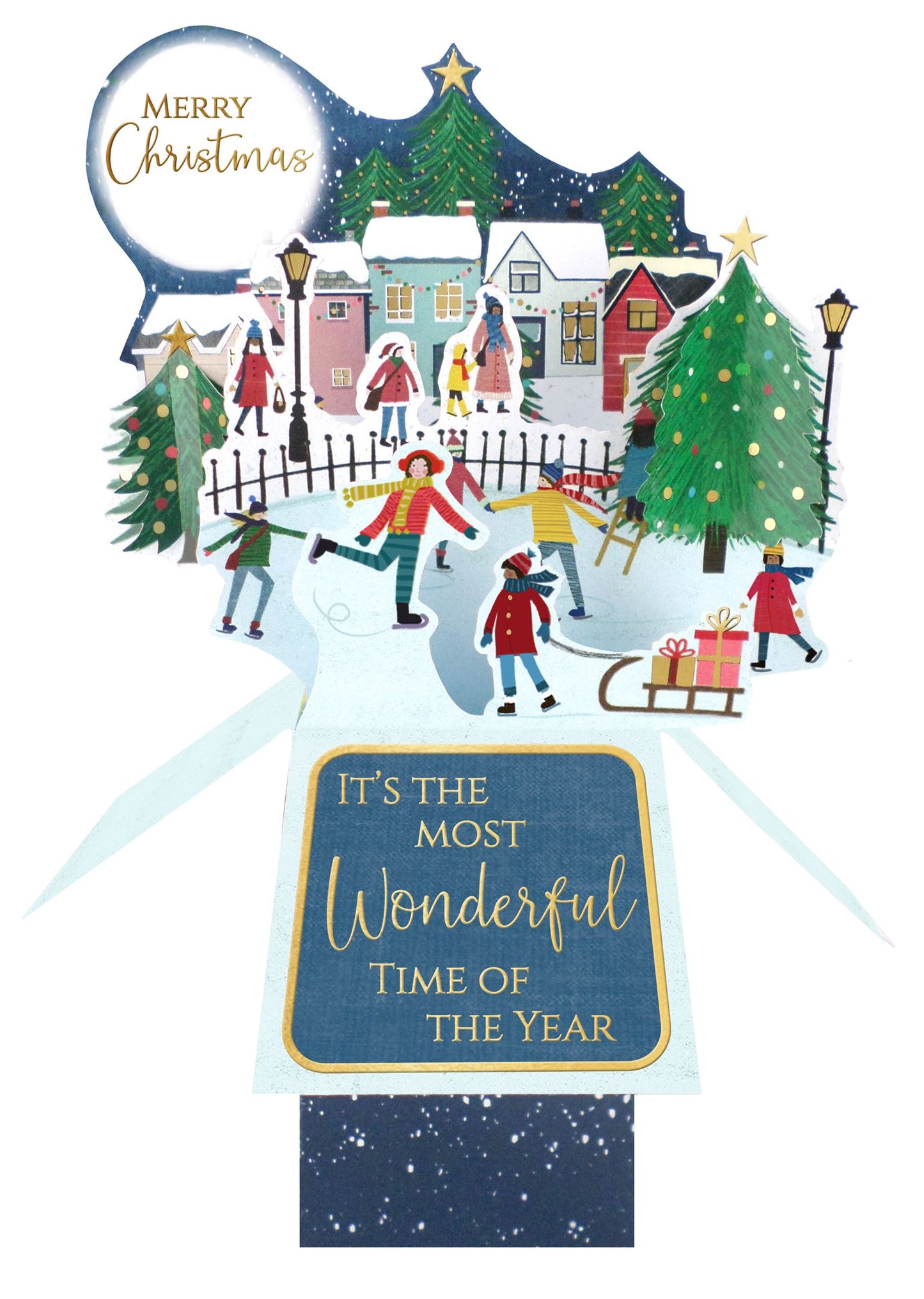 XCU008-Second Nature-Village Scene With Skaters 3D-Xmas Card-Clever Cubes