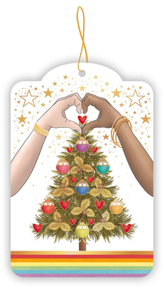 0851-Quire-Christmas Tree With Hands Forming Heart-Xmas Gift Tags-Gift Tag 5 Pack