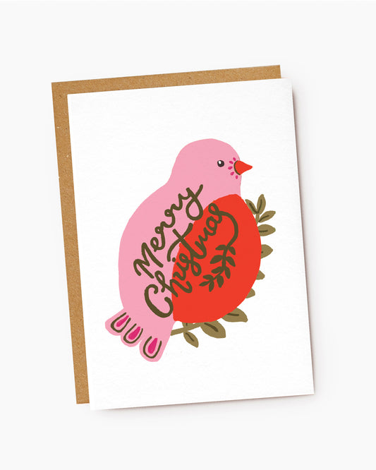 MX081-Jade Fisher-Birdie-Merry Christmas Pink & Red Bird-Xmas Card-Christmas