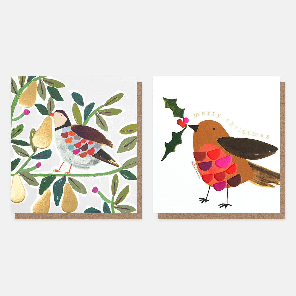 MDX031-Caroline G-Partridge & Patterned Robin Mixed Charity 8 Pack-Xmas Card Pack-