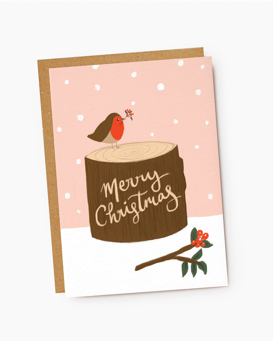 CX247-Jade Fisher-Robin On A Log-Xmas Card-Christmas