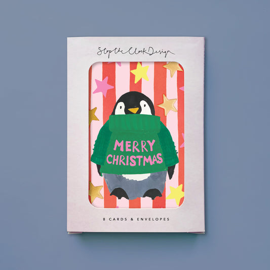 FEP008-Stop The Clock-Card Pack Of 8- Christmas Penguin-Xmas Card Pack-