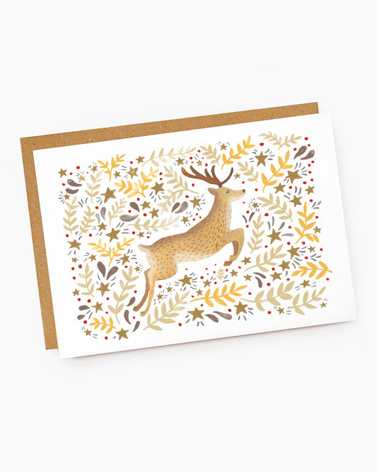 X107-Jade Fisher-Prancer-Festive Beige & Yellow Reindeer -Xmas Card-