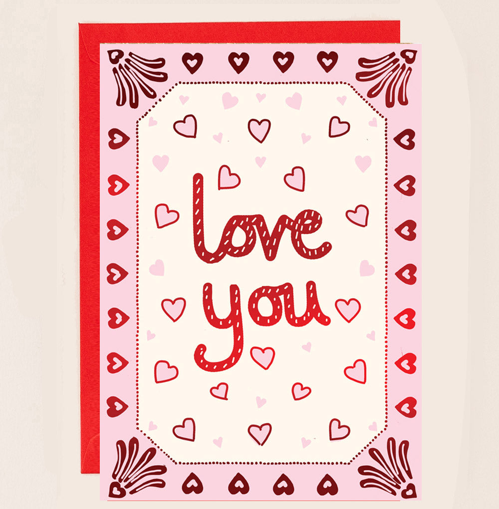 RE145-Apple & Clover-Valentine'S Card Pink Border With Hearts Red Foiled-Card-Reflections