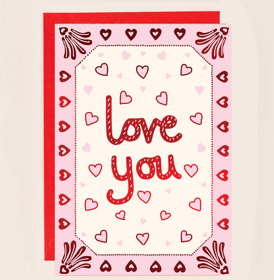 RE145-Apple & Clover-Valentine'S Card Pink Border With Hearts Red Foiled-Card-Reflections
