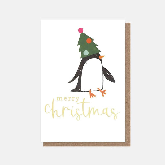 PQX206-Caroline G-Merry Christmas Penguin In Tree Hat-Xmas Card Pack-10 Pack Small Cards