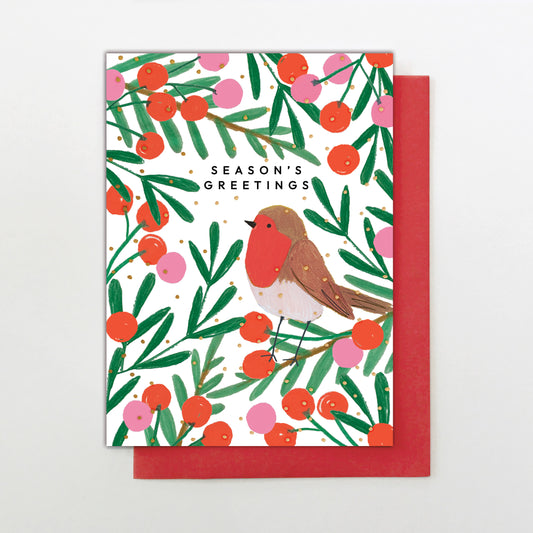 HC002-Stop The Clock-Card- Robin In Berries-Xmas Card-Happy Christmas
