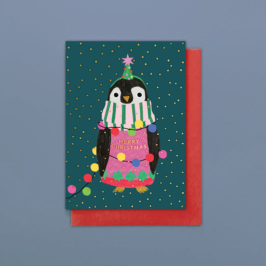 HLC052-Stop The Clock-Card Pack Of 8- Penguin In Lights-Xmas Card Pack-Happy Little Christmas Pack