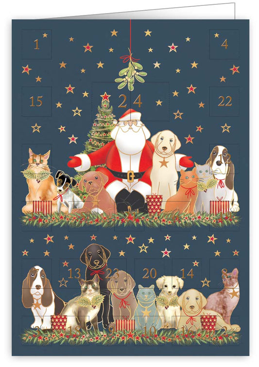 6390-Quire-Santa With Cats And Dogs-Xmas Card-Advent Calendar