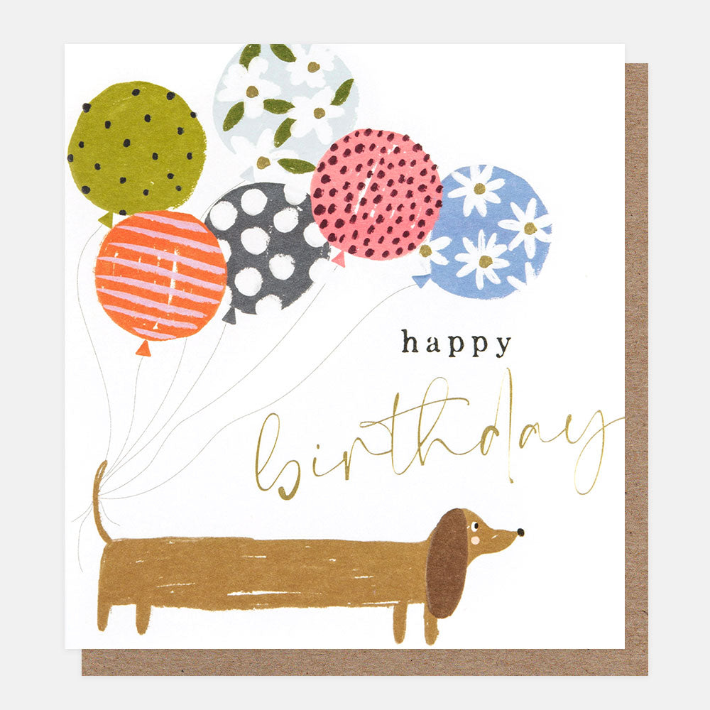 JFN008-Caroline G-Happy Birthday Sausage Dog With Patterned Balloons-Card-Joyful Notes