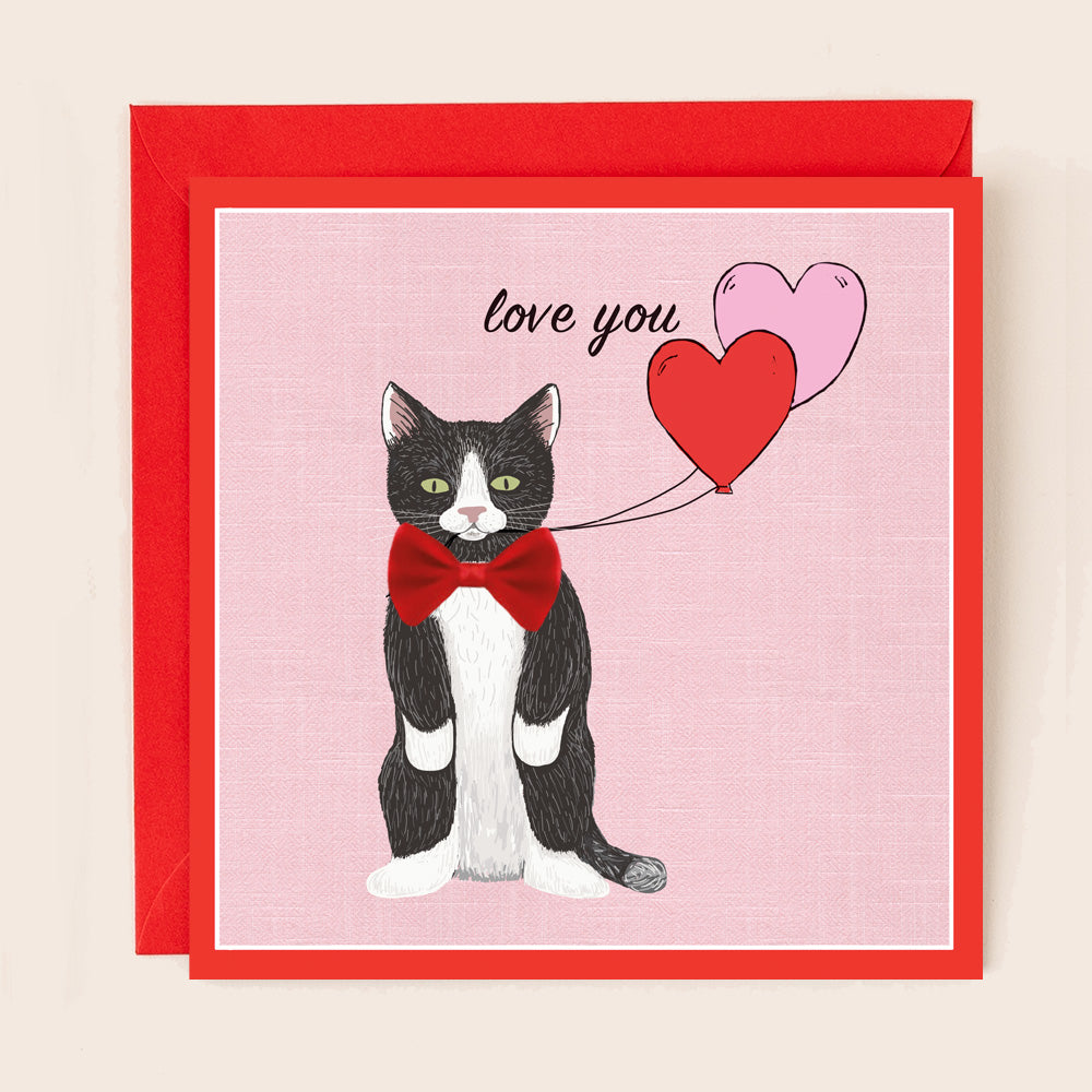 BW006-Apple & Clover-Valentines Black Cat With Bow -Card-Bows