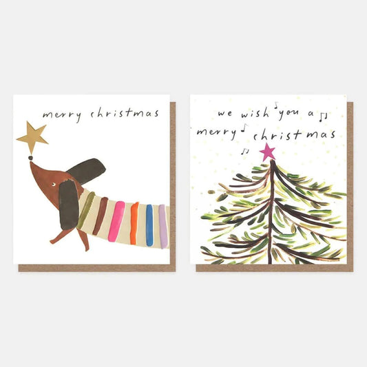 MDX047-Caroline G-Music Above Tree & Stripey Sausage Dog Mixed Charity Pack-Xmas Card Pack-8 Pack 2 X 4 Designs